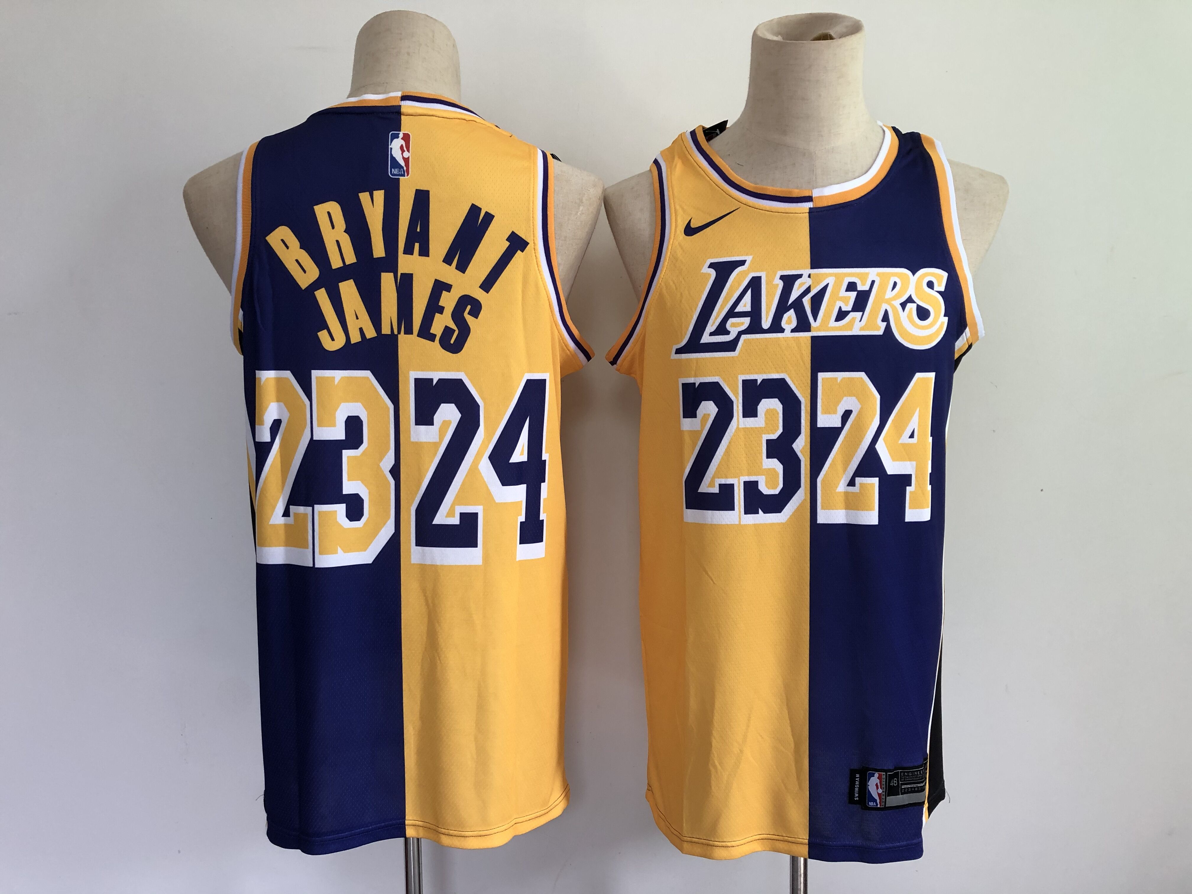 2021 Men Los Angeles Lakers #23 James purple gold kobe bryant split special mamba and la king jersey